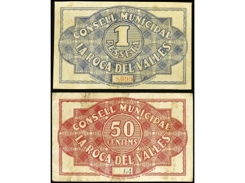 CATALUNYA. Lote 2 billetes 50 Cèntims y 1 Pesseta. 16 Abril 