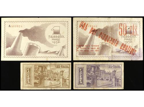 CATALUNYA. Lote 4 billetes 10, 15 y 50 Cèntims y 1 Pesseta. 