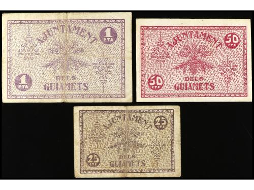 CATALUNYA. Lote 3 billetes 25, 50 Cèntims y 1 Pesseta. 7 Ago