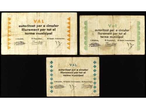 CATALUNYA. Lote 3 billetes 25, 50 Cèntims y 1 Pesseta. Agost