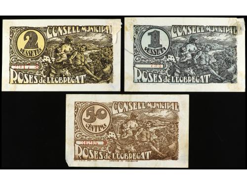 CATALUNYA. Lote 3 billetes 50 Cèntims, 1 y 2 Pessetes. C. M.