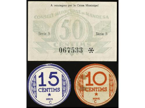 CATALUNYA. Lote 3 billetes 10, 15, 50 Cèntims. C.M. de MANRE