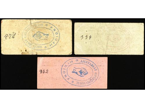 CATALUNYA. Lote 3 billetes 25 y 50 Cèntims y 1 Pesseta. 15 M