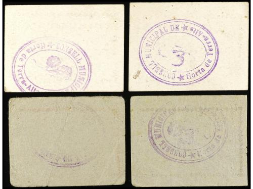 CATALUNYA. Lote 4 billetes 10, 15 y 50 Cèntims y 1 Pesseta. 