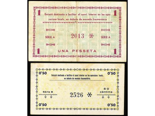 CATALUNYA. Lote 2 billetes 50 Cèntims y 1 Pesseta. 11 Juny 1
