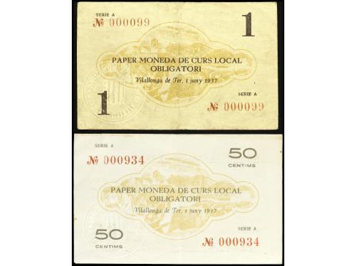 CATALUNYA. Lote 2 billetes 50 Cèntims y 1 Pesseta. 1 Juny 19