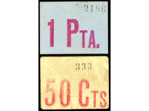 CATALUNYA. Lote 2 billetes 50 Cèntims y 1 Pesseta. Aj. de SA