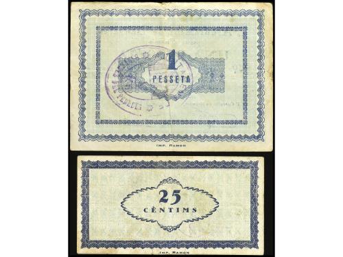 CATALUNYA. Lote 2 billetes 25 Cèntims y 1 Pesseta. Juny 1937