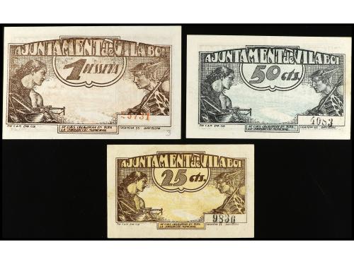 CATALUNYA. Lote de 3 billetes de 25 y 50 Cèntims y 1 Pesseta