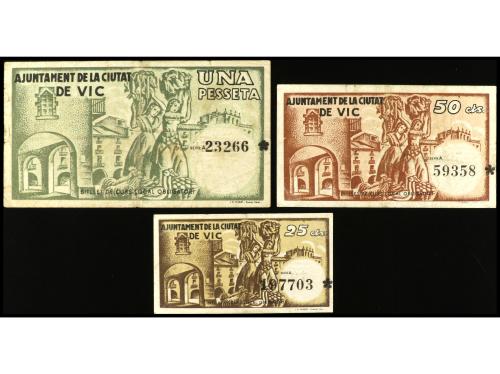 CATALUNYA. Lote 3 billetes 25, 50 Cèntims y 1 Pesseta. 7 Jun