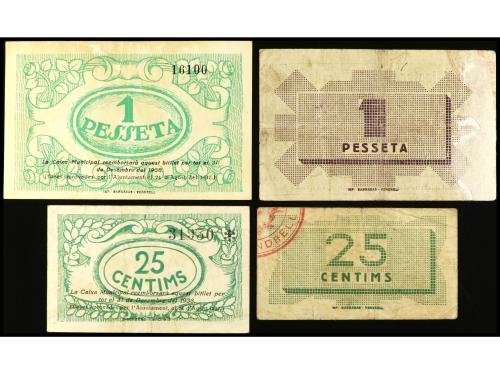 CATALUNYA. Lote 3 billetes 25 Cèntims (2) y 1 Pesseta (2). M
