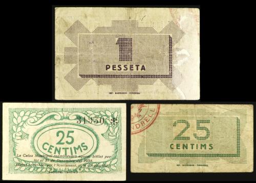 CATALUNYA. Lote 3 billetes 25 Cèntims (2) y 1 Pesseta (2). 
