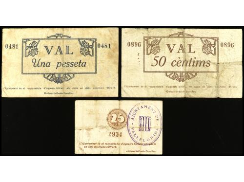 CATALUNYA. Lote 3 billetes 25, 50 Cèntims y 1 Pesseta. Maig 