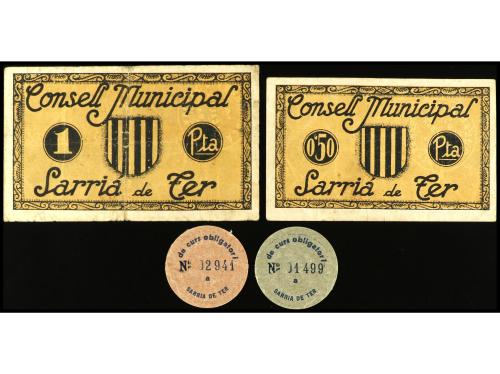 CATALUNYA. Lote 4 billetes 5 y 10 Cèntims y 0,50 y 1 Pesseta