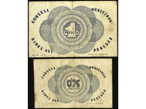 CATALUNYA. Lote 2 billetes 25 Cèntims y 1 Pesseta. 22 Maig 1