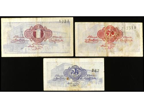 CATALUNYA. Lote 3 billetes 25, 50 Cèntims y 1 Pesseta. C.M. 