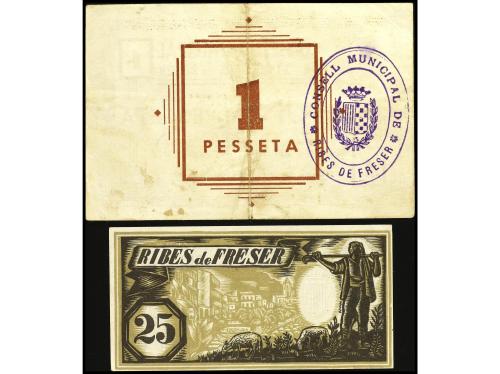 CATALUNYA. Lote 2 billetes 25 Cèntims y 1 Pesseta. 12 Maig 1