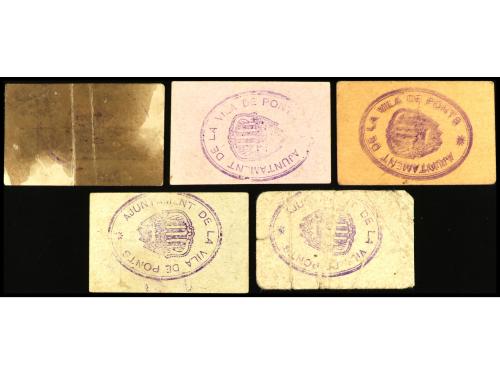 CATALUNYA. Lote 5 billetes 25 (2) y 50 Cèntims (2) y 1 Pesse