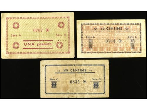 CATALUNYA. Lote 3 billetes 25, 50 Cèntims y 1 Pesseta. Julio