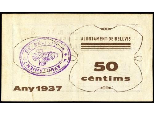 CATALUNYA. Lote 2 billetes 50 Cèntims. Aj. de BELLVIS. ESCAS