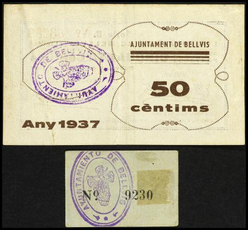 CATALUNYA. Lote 2 billetes 50 Cèntims. Aj. de BELLVIS. ESCAS