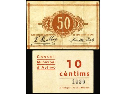 CATALUNYA. Lote 2 billetes 10 y 50 Cèntims. C.M. d´ AVINYÓ. 