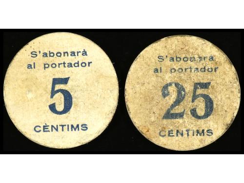CATALUNYA. Lote 2 billetes 5 y 25 Cèntims. Aj. de BRÀFIM. Ca