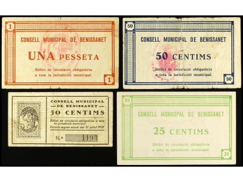 CATALUNYA. Lote 4 billeets 25 y 50 Cèntims (2) y 1 Pesseta. 