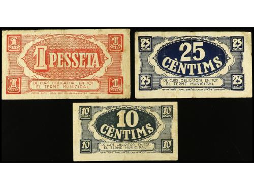 CATALUNYA. Lote 3 billetes 10, 25 Cèntims y 1 Pesseta. 10 Oc