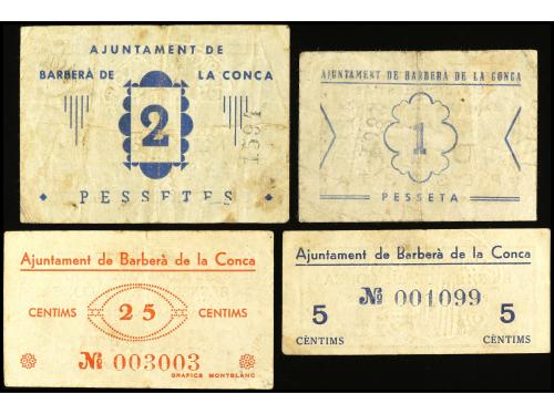 CATALUNYA. Lote 4 billetes 5, 25 Cèntims, 1 y 2 Pessetes. Aj