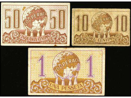 CATALUNYA. Lote 3 billetes 10 y 50 Cèntims y 1 Pesseta. UNIÓ