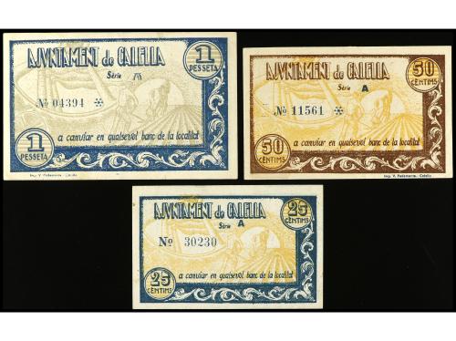 CATALUNYA. Lote 3 billetes 25 y 50 Cèntims y 1 Pesseta. Octu