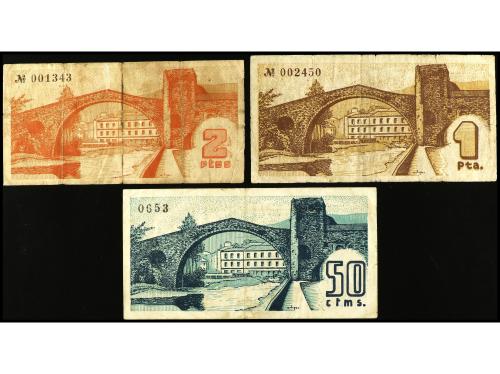 CATALUNYA. Lote 3 billetes 50 Cèntims, 1 y 2 Pessetes. C.M. 