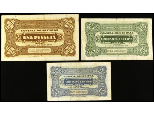 CATALUNYA. Lote 3 billetes 25, 50 Cèntims y 1 Pesseta. C.M. 