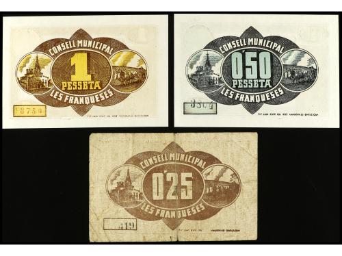 CATALUNYA. Lote 3 billetes 25, 50 Cèntims y 1 Pesseta. 5 jun