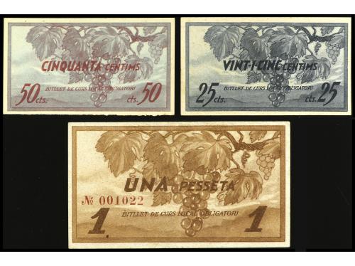 CATALUNYA. Lote 3 billetes 25, 50 Cèntims y 1 Pesseta. 6 Jul