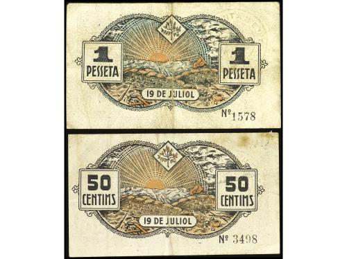 CATALUNYA. Lote 2 billetes 50 Cèntims y 1 Pesseta. 15 Juny 1