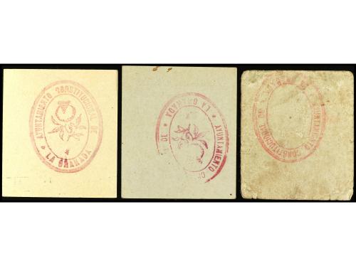 CATALUNYA. Lote 3 billeets 5 (2) y 10 Cèntims. Aj. de LA GRA