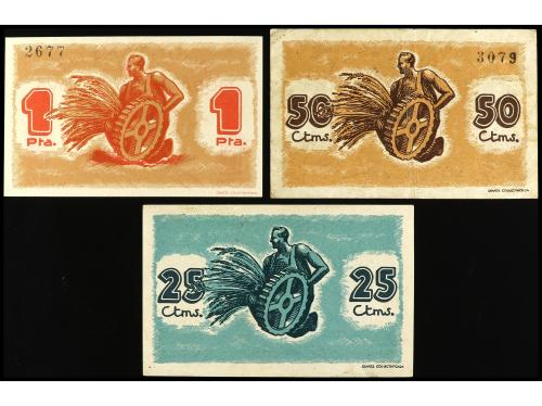 CATALUNYA. Lote 3 billetes 25, 50 Cèntims y 1 Pesseta. Aj. d