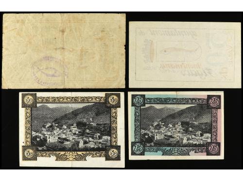 CATALUNYA. Lote 4 billetes 25 y 50 Cèntims (2) y 1 Pesseta. 
