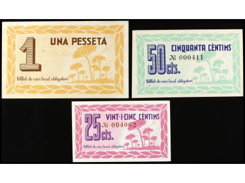 CATALUNYA. Lote de 3 billetes de 25, 50 Cèntims y 1 Pesseta.