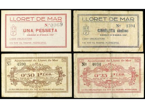 CATALUNYA. Lote 4 billetes 0,25, 0,50 (2) y 1 Pesseta. Terme