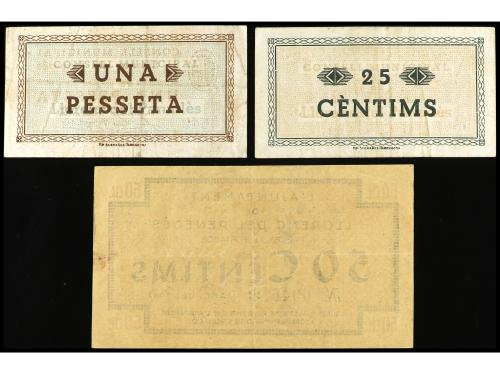 CATALUNYA. Lote 3 billetes 25, 50 Cèntims y 1 Pesseta. Març 