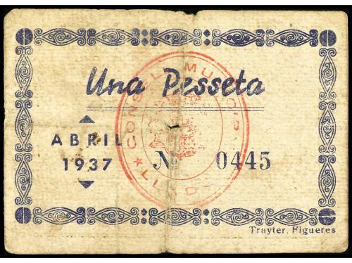 CATALUNYA. 1 Pesseta. Abril 1937. C.M. de LLADÓ. (Roturas). 