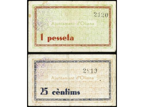 CATALUNYA. Lote 2 billetes 25 Cèntims y 1 Pesseta. 10 Agost 