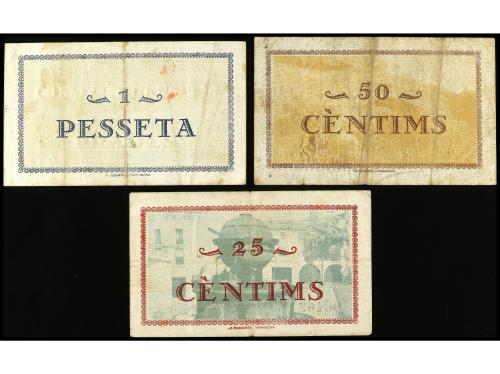 CATALUNYA. Lote 3 billetes 25, 50 Cèntims y 1 Pesseta. 1 Mai