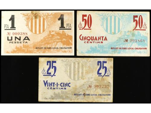 CATALUNYA. Lote 3 billetes 25, 50 Cèntims y 1 Pesseta. Aj. d