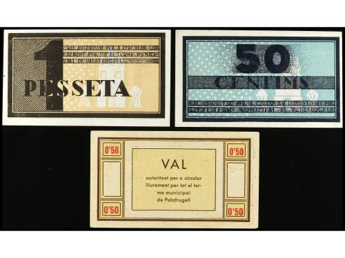 CATALUNYA. Lote 3 billetes 50 (2) Cèntims y 1 Pesseta. Febre