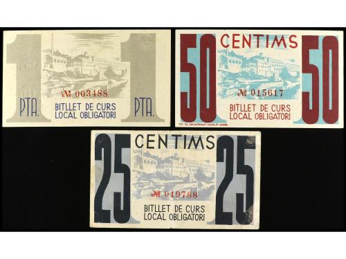 CATALUNYA. Lote 3 billetes 25, 50 Cèntims y 1 Pesseta. 29 Ju