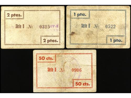 CATALUNYA. Lote 3 billetes 50 Cèntims, 1 y 2 Pessetes. Maig 